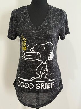 Peanuts S Snoopy 'Good Grief' Black V-Neck Graphic Tee 010